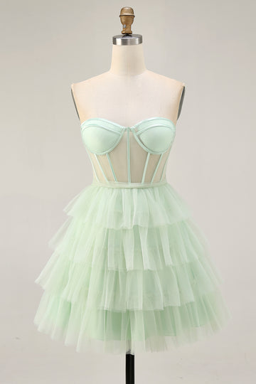 Tiered A-Line Corset Strapless Light Green Homecoming Dress